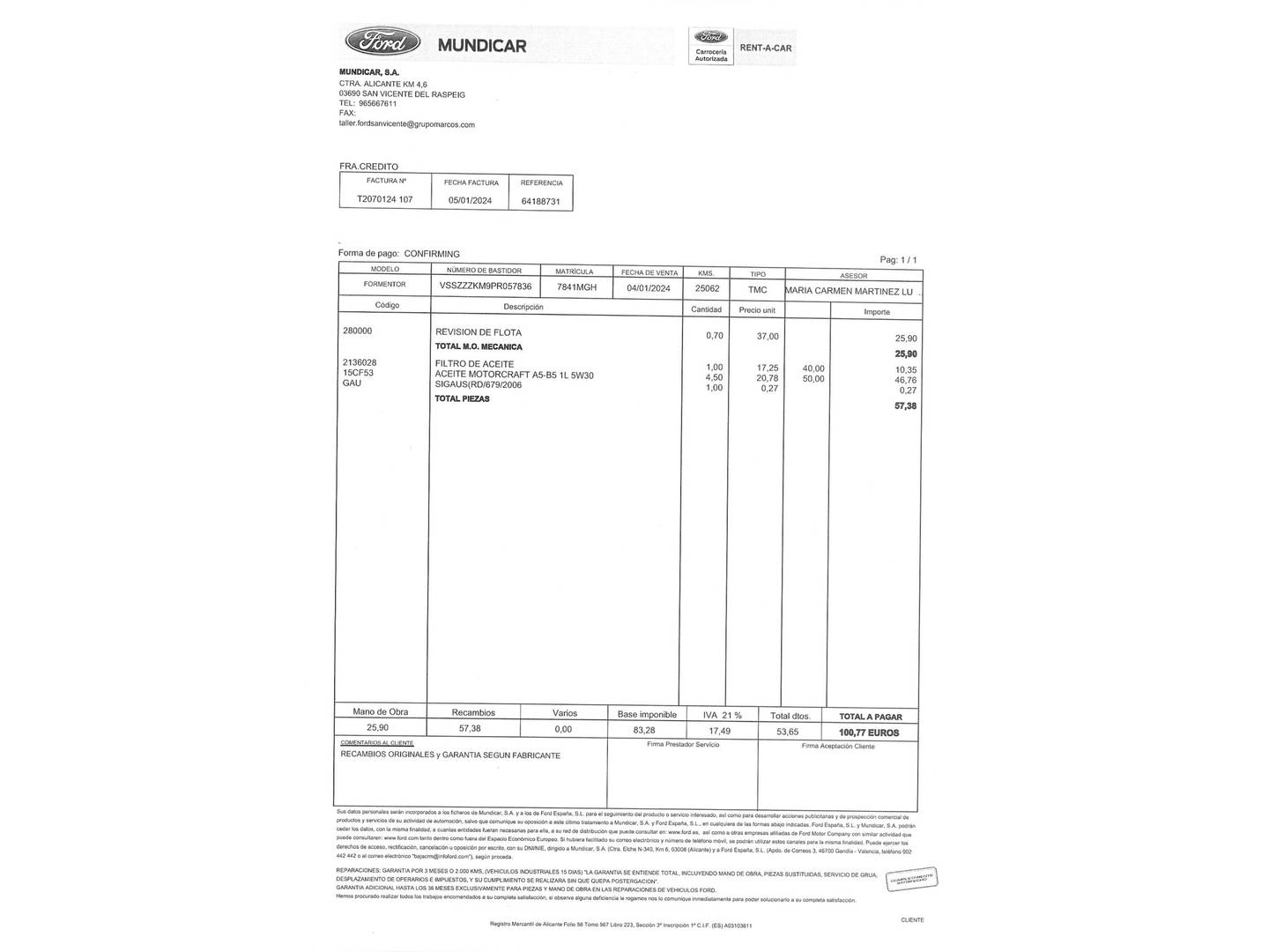 Foto del mantenimiento del Cupra Formentor Cupra Formentor 1.5 TSI DSG (150 CV)