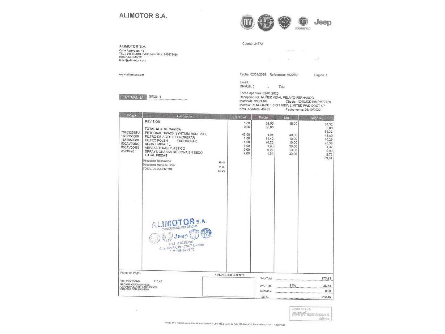 Foto del mantenimiento del Jeep Renegade Jeep Renegade 1.3G Limited 4x2 DCT (150 CV)