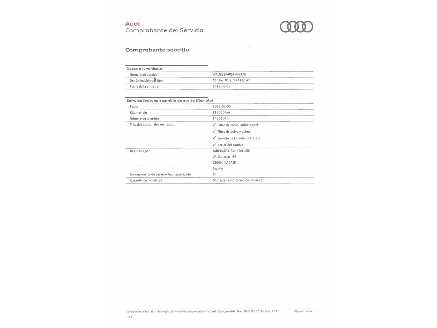 Foto del mantenimiento del Audi A4 Audi A4 Advanced edition 2.0 TDI (150 CV) S tronic