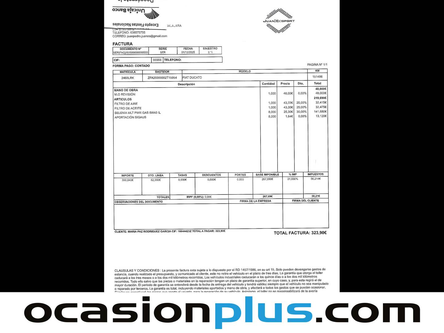 Foto del mantenimiento del Fiat Ducato Fiat Ducato Furgon 3.0 Natural Power GNC 35 L2H2 (136 CV)