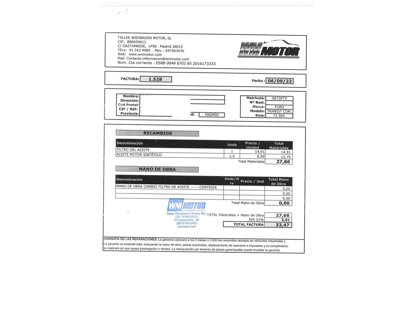 Foto del mantenimiento del Ford Transit Connect Ford Transit Connect 1.5 TDCI Trend 230 L2  (120 CV) 7 Plazas
