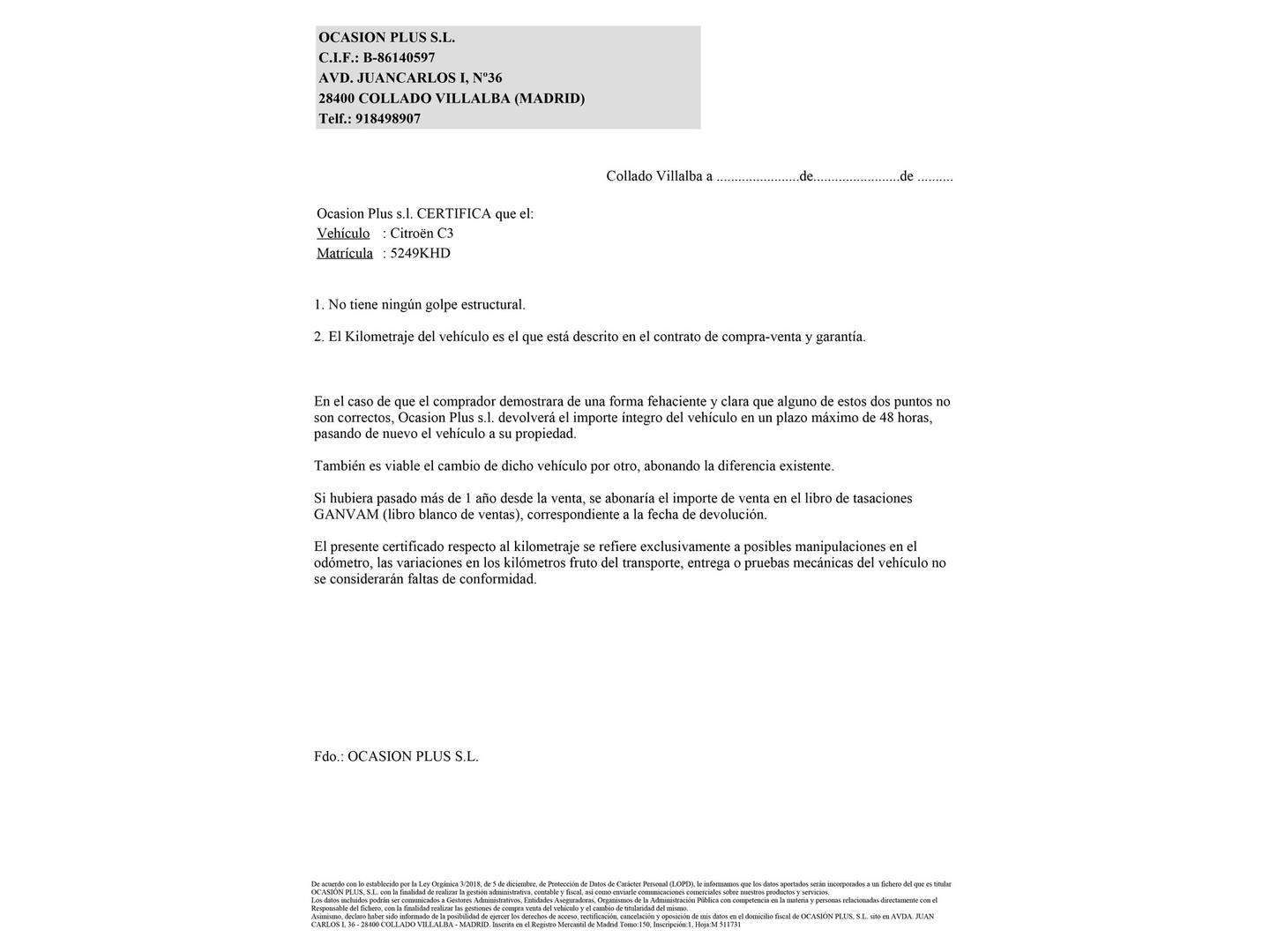 Foto del certificado del Citroën C3 Citroën C3 PureTech 82 Feel (83 CV)