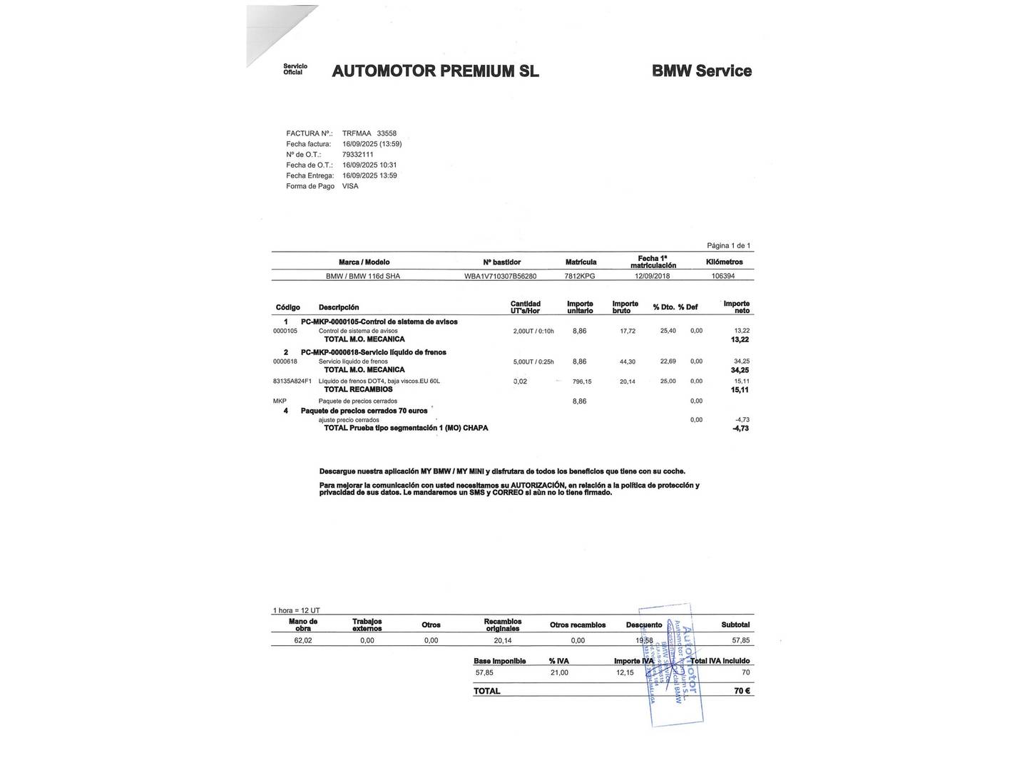 Foto del mantenimiento del BMW Serie 1 BMW Serie 1 116d (116 CV) Pack M