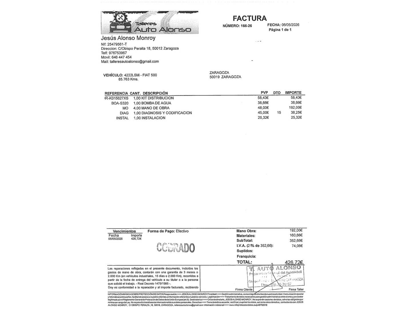 Foto del mantenimiento del Fiat 500C Fiat 500C 1.2 8v Cabrio S (69 CV)