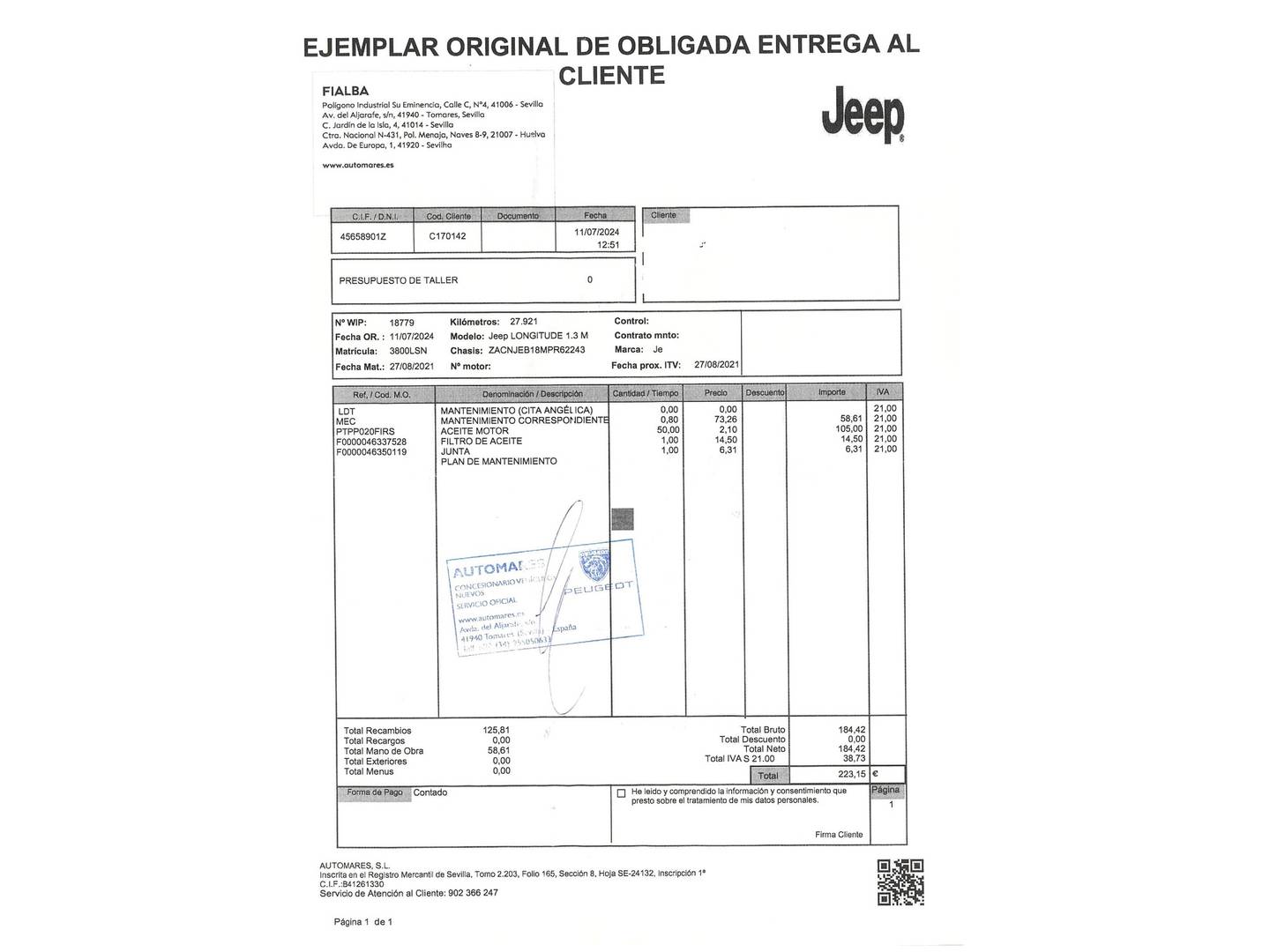 Foto del certificado del Jeep Compass Jeep Compass 1.3 Gse T4 Longitude FWD MT  (130 CV)