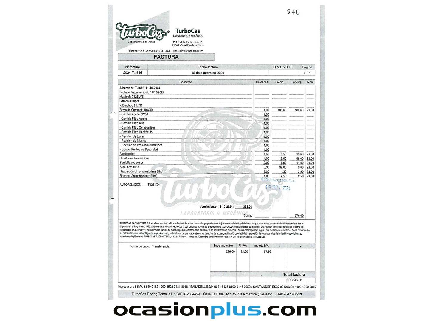 Foto del mantenimiento del Citroën Jumper Citroën Jumper BlueHDi (120CV) Furgón 30L1H1