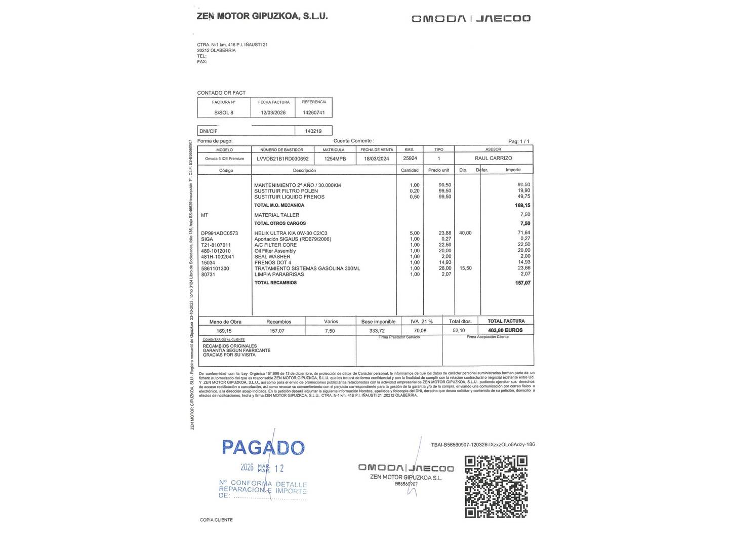 Foto del mantenimiento del OMODA 5 OMODA 5 1.6 T-GDI Premium DCT (185 CV)