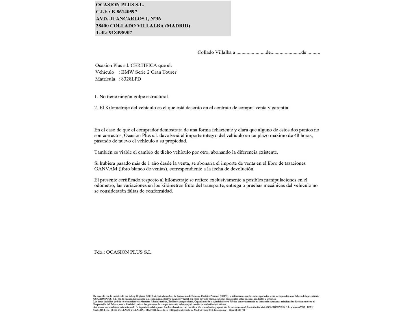 Foto del certificado del BMW Serie 2 Gran Tourer BMW Serie 2 220dA Gran Tourer (190 CV) 7 Plazas