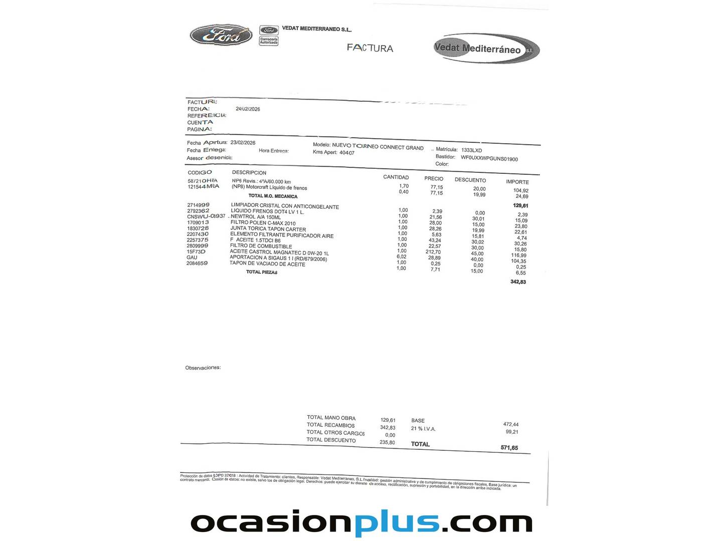 Foto del mantenimiento del Ford Grand Tourneo Connect Ford Grand Tourneo Connect 1.5 TDCi Titanium (120 CV) 7 Plazas