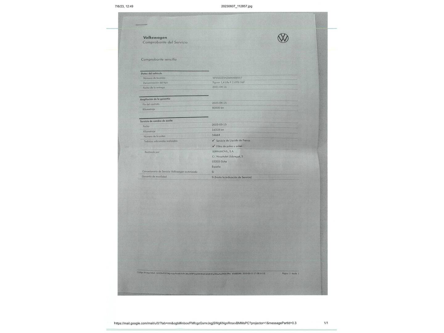 Foto del mantenimiento del Volkswagen Tiguan Volkswagen Tiguan Life 1.4 TSI eHybrid (245 CV) DSG