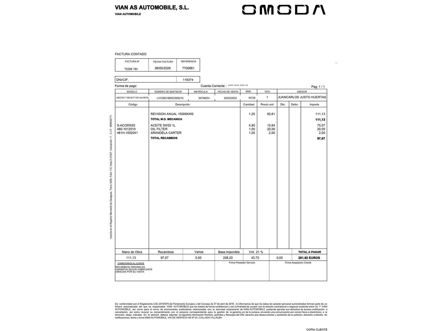 Foto del mantenimiento del JAECOO 7 JAECOO 7 1.6 TGDI Select FWD (145 CV)
