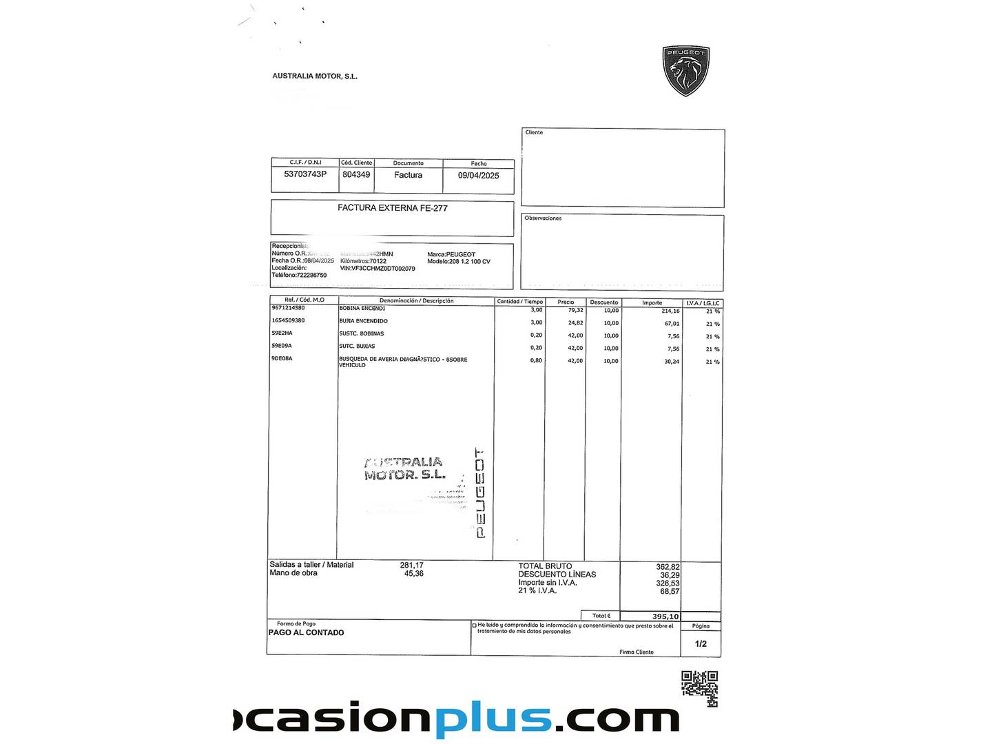 Foto del mantenimiento del Peugeot 208 Peugeot 208 1.2 VTi Active (82 CV)