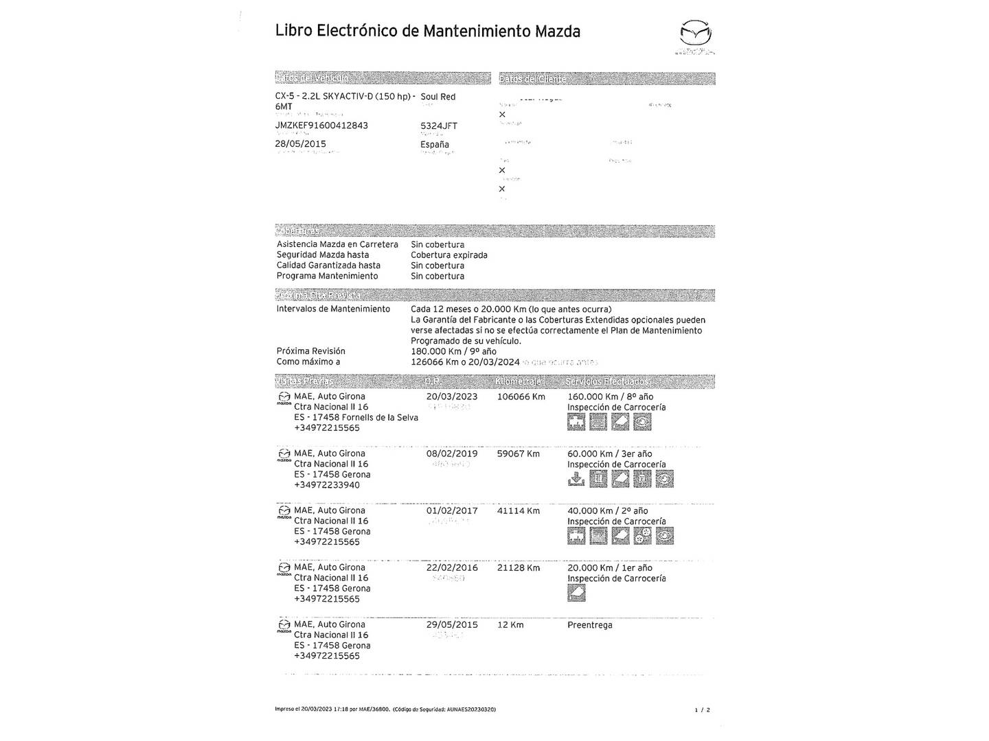 Foto del mantenimiento del Mazda CX-5 Mazda CX-5 2.2 DE Luxury 2WD (150 CV)