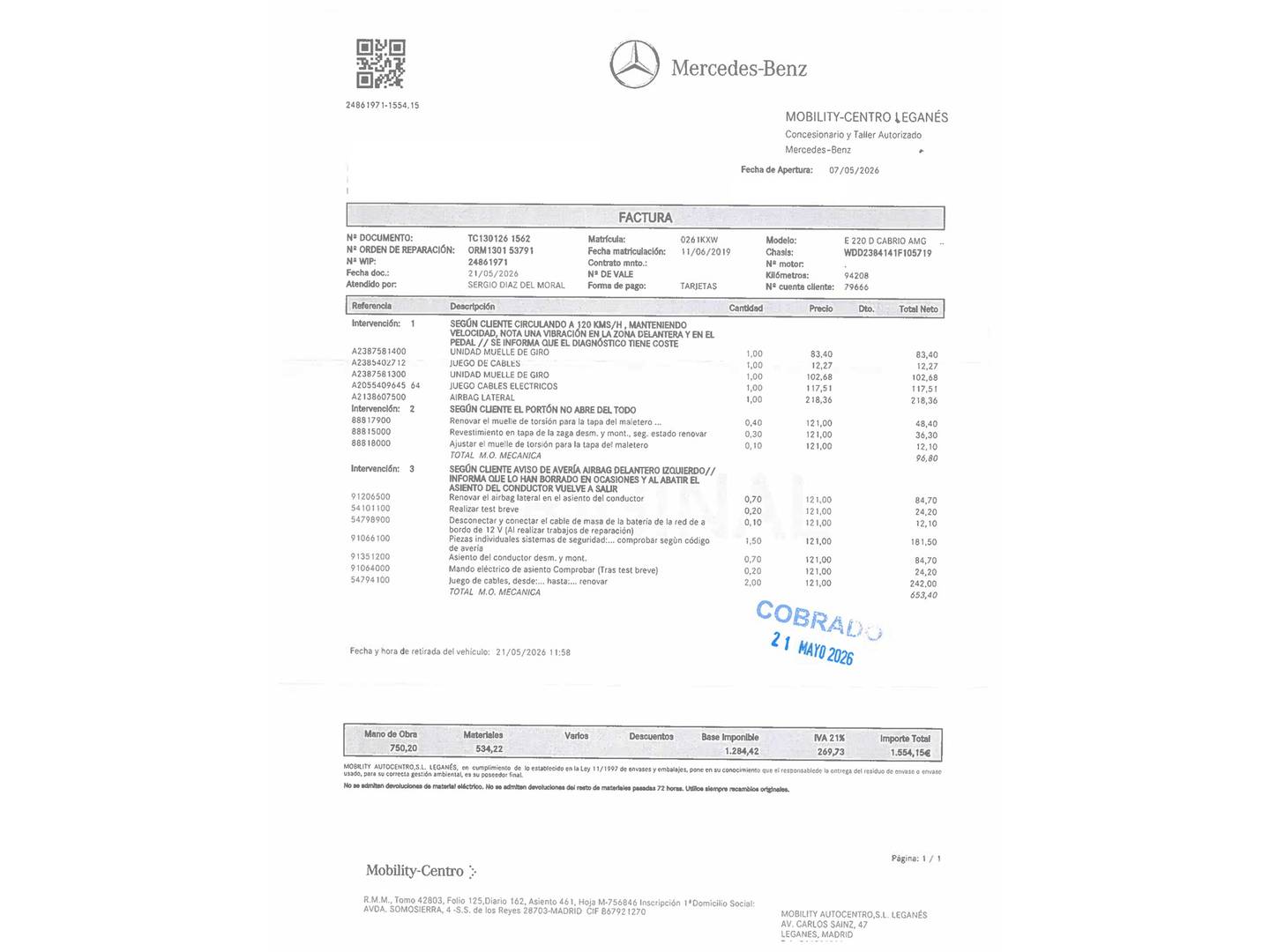 Foto del mantenimiento del Mercedes Clase E Mercedes Clase E 220 d Cabrio (194 CV) Pack AMG
