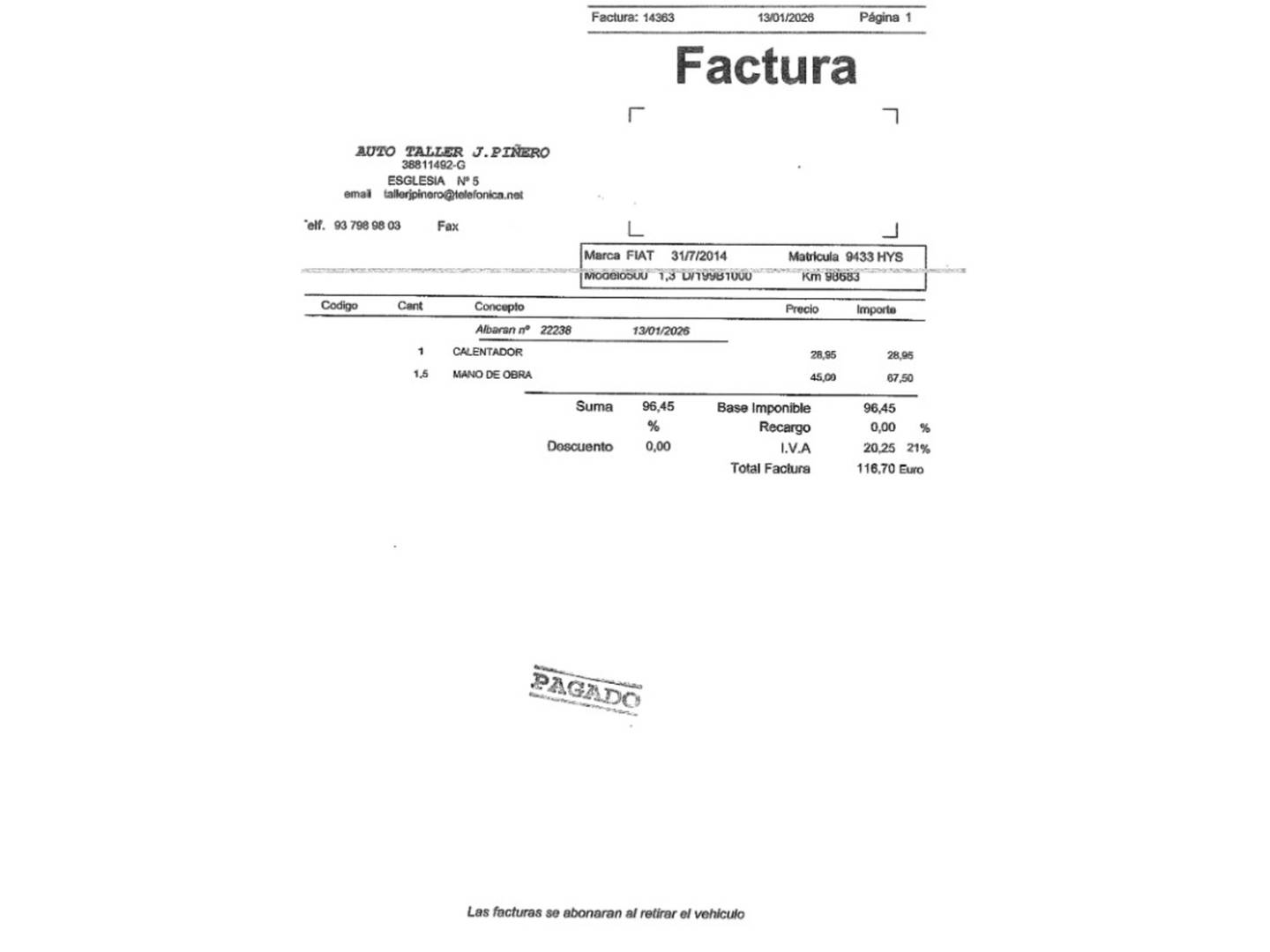 Foto del mantenimiento del Fiat 500 Fiat 500 1.3 16v MultiJet S&S Lounge (95 CV)
