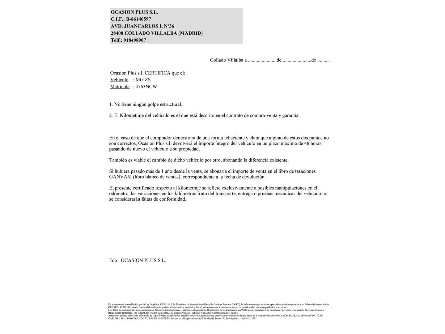 Foto del certificado del MG ZS MG ZS 1.5 Hybrid+ Luxury (197 CV)