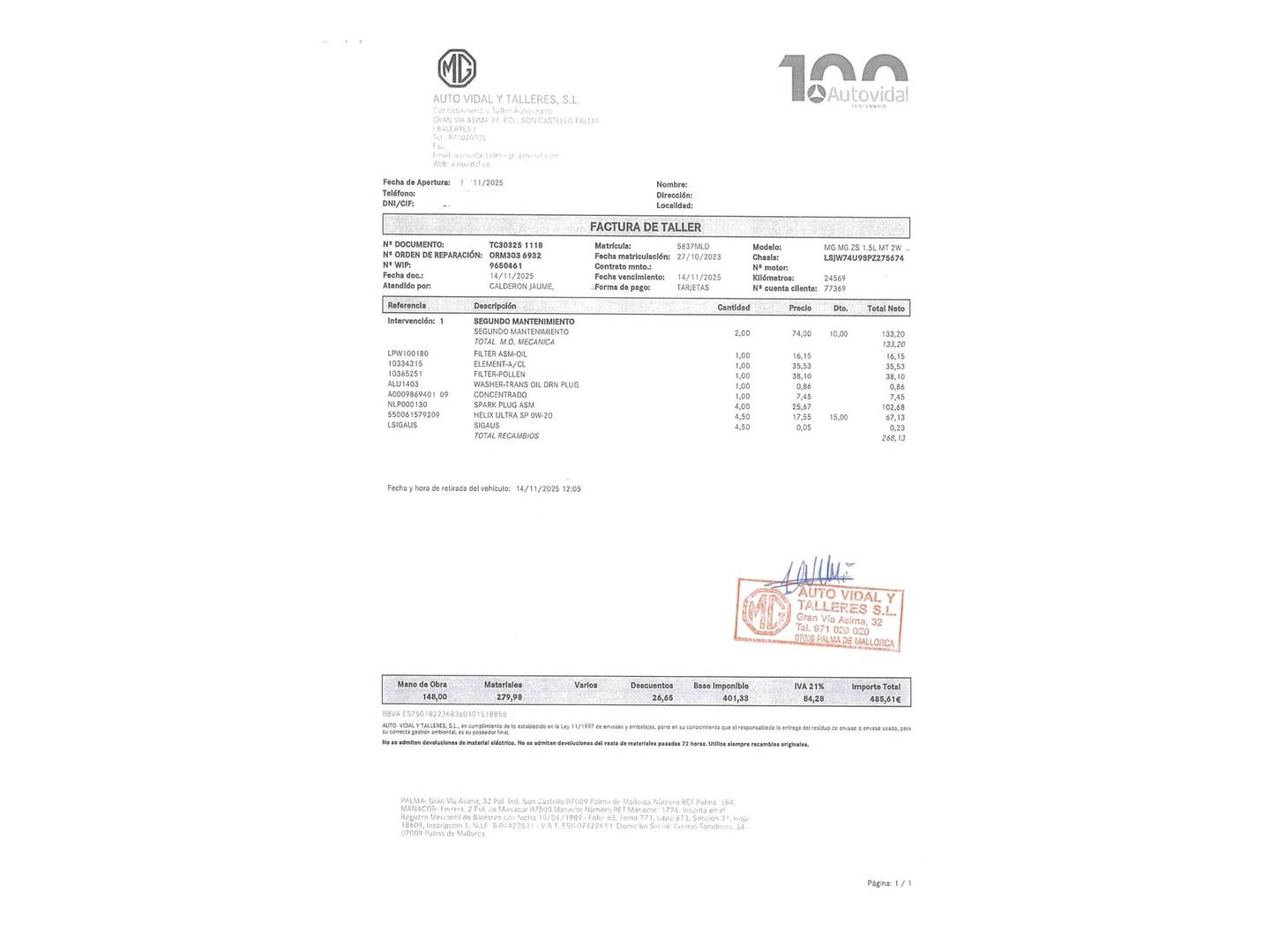 Foto del mantenimiento del MG ZS MG ZS 1.5 Comfort (106 CV)