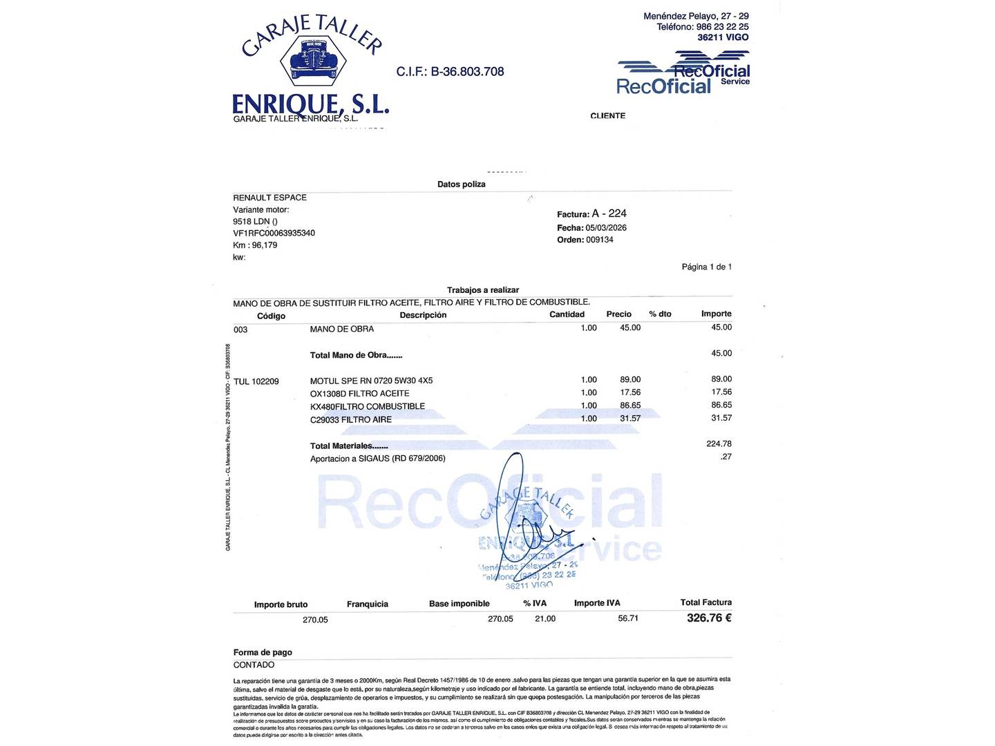 Foto del mantenimiento del Renault Espace Renault Espace Initiale Paris Blue dCi (200 CV) EDC 7 Plazas