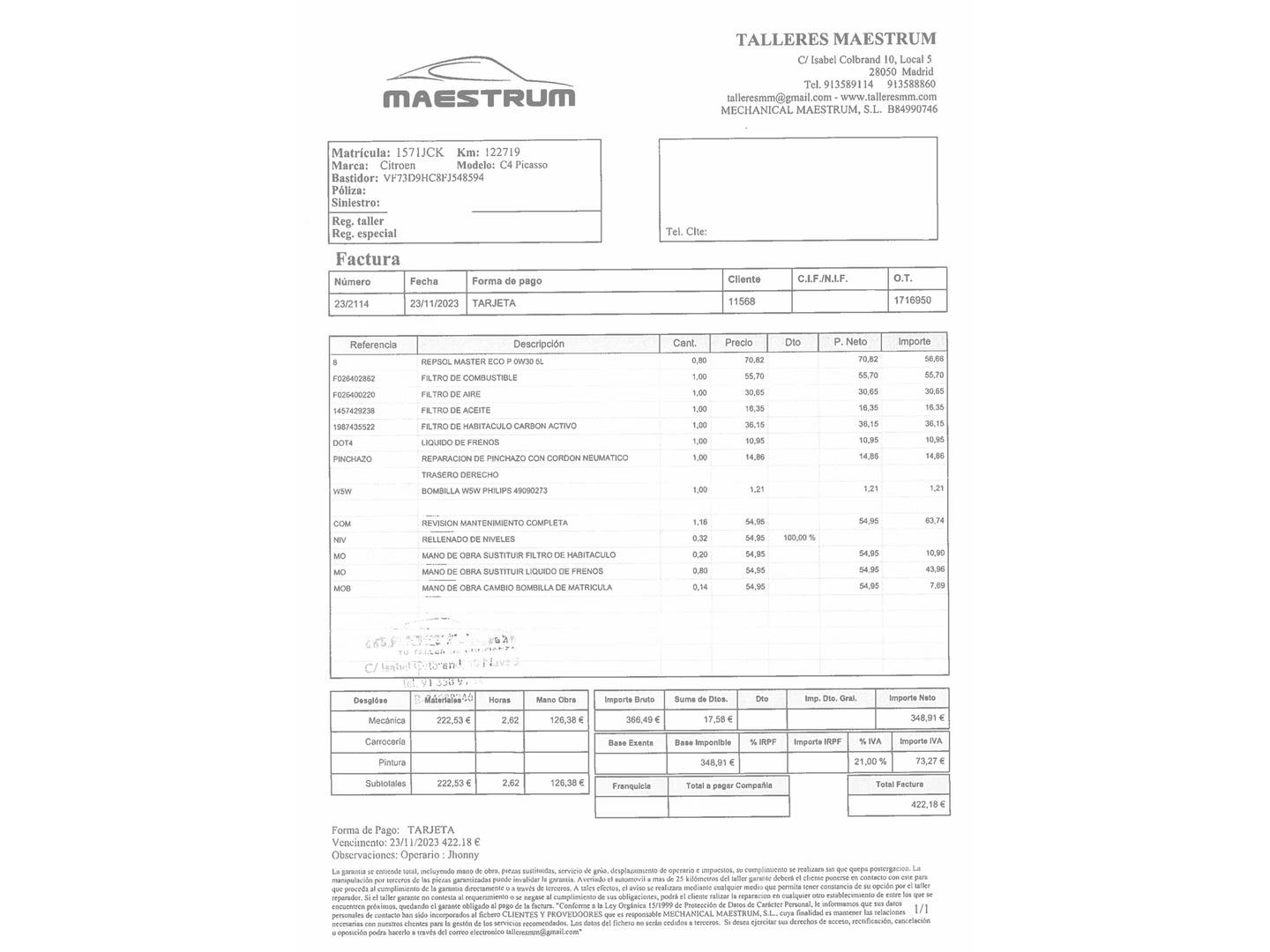 Foto del mantenimiento del Citroën C4 Picasso Citroën C4 Picasso 1.6 e-HDI Intensive (115 CV)