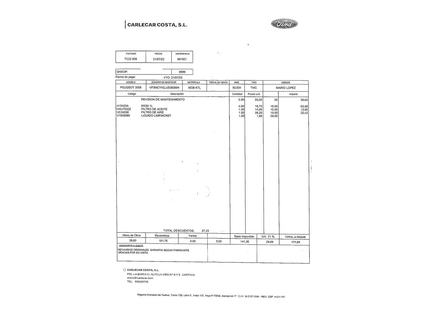 Foto del certificado del Peugeot 3008 Peugeot 3008 BlueHDI 130 S&S Allure (130 CV)