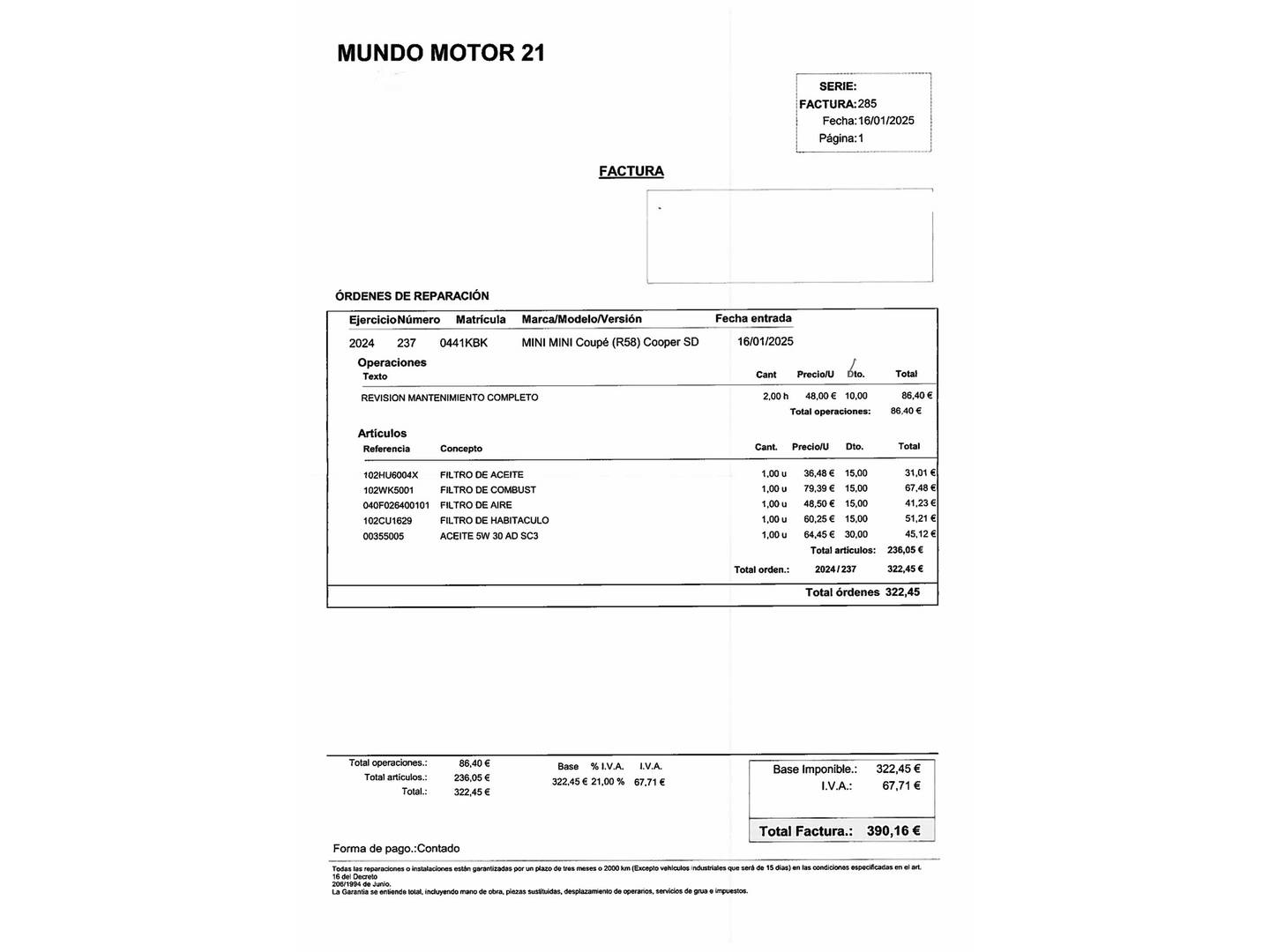 Foto del mantenimiento del Mini MINI Mini MINI Cooper SD (170 CV) EDICIÓN LIMITADA 133/150