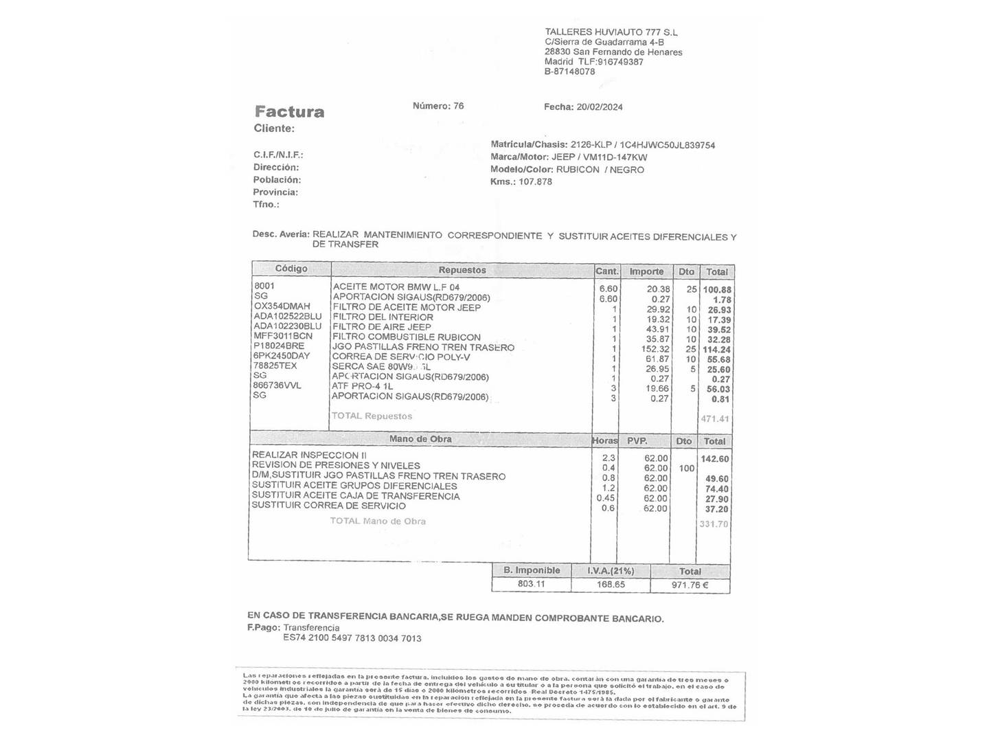Foto del mantenimiento del Jeep Wrangler Jeep Wrangler 2.8 CRD Rubicon Recon Auto (200 CV)