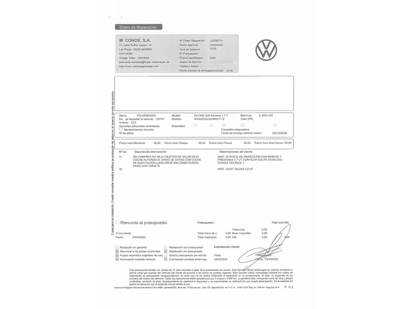 Foto del mantenimiento del Volkswagen Golf Volkswagen Golf Advance 1.4 TSI BMT (125 CV)