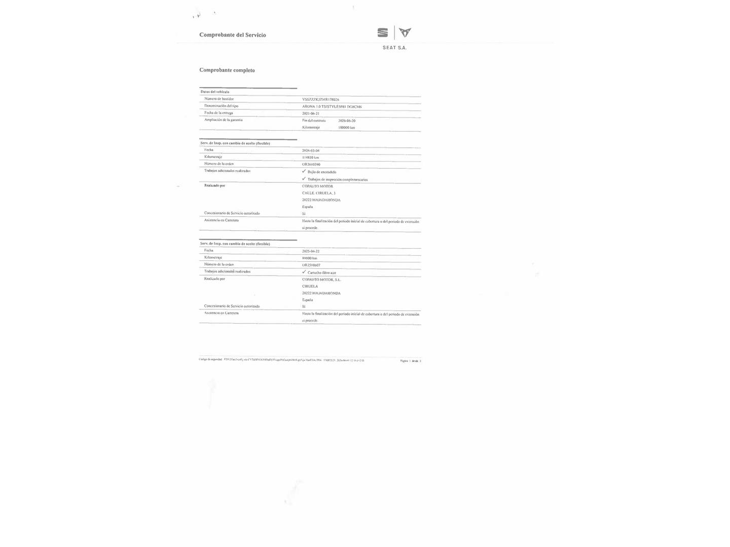Foto del mantenimiento del Seat Arona Seat Arona 1.0 TSI Style Go2 (110 CV)