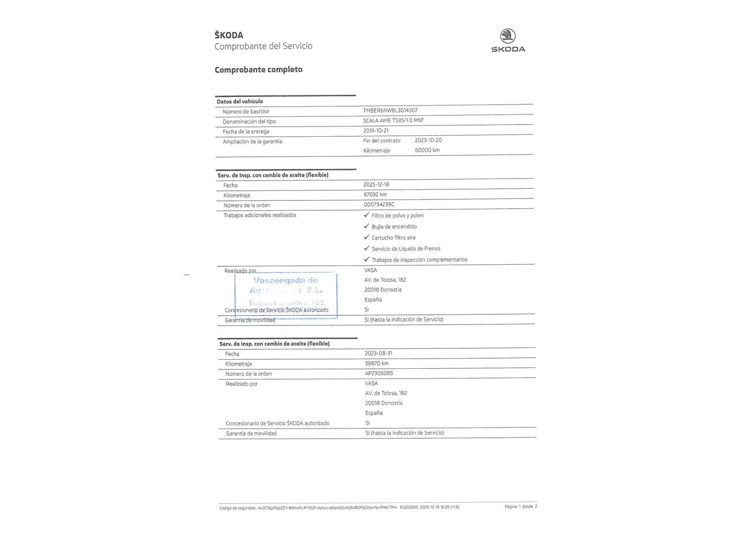 Foto del mantenimiento del Skoda Scala Skoda Scala 1.0 TSI Ambition (115 CV)