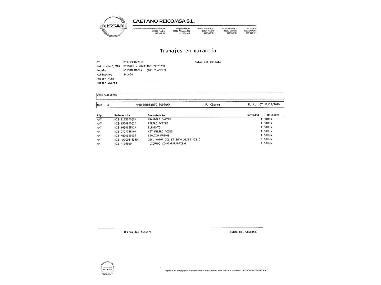 Foto del mantenimiento del Nissan Micra Nissan Micra 1.5 dCi N-CONNECTA 66 kW (90 CV)