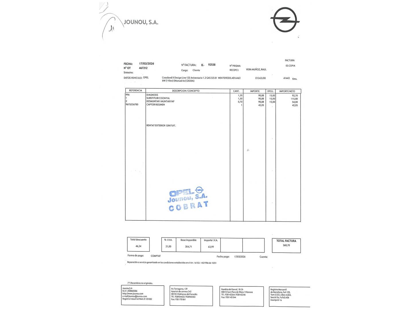 Foto del mantenimiento del Opel Crossland X Opel Crossland X 1.2 S&S Design Line 120 Aniversario (110 CV)
