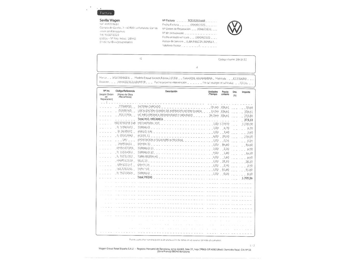 Foto del mantenimiento del Volkswagen Passat Volkswagen Passat Variant Variant R-Line 2.0 TDI (150 CV) DSG R-Line