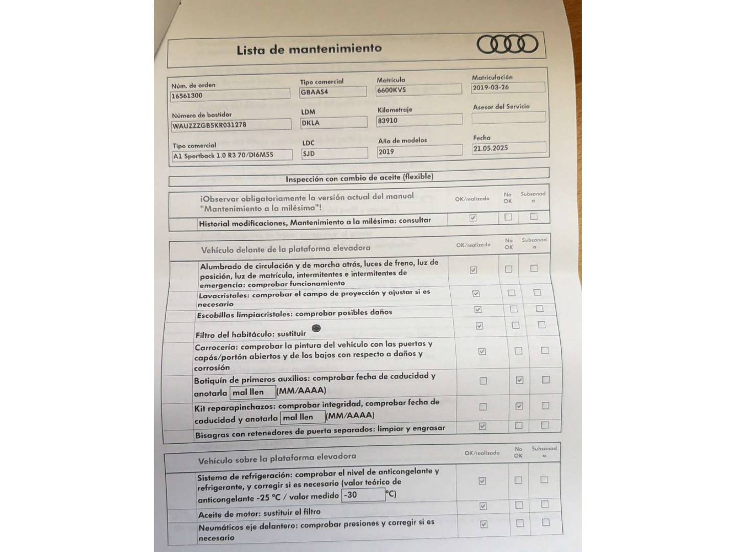 Foto del mantenimiento del Audi A1 Audi A1 Sportback Advanced 25 TFSI (95 CV)
