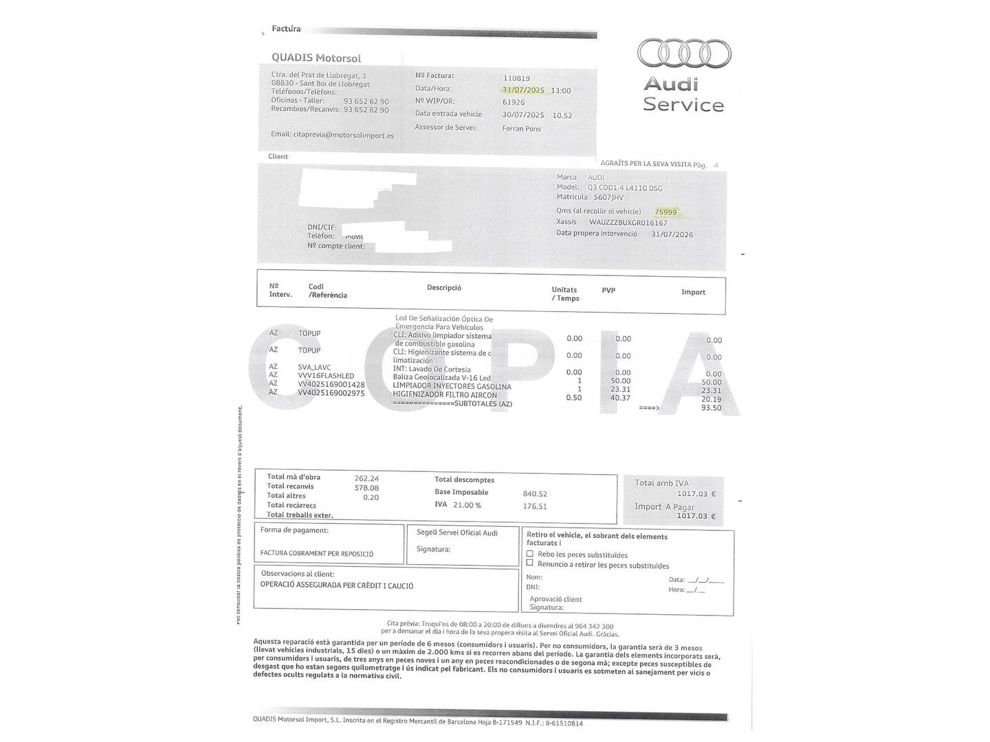 Foto del mantenimiento del Audi Q3 Audi Q3 Design Edition 1.4 TFSI CoD (150 CV) S tronic