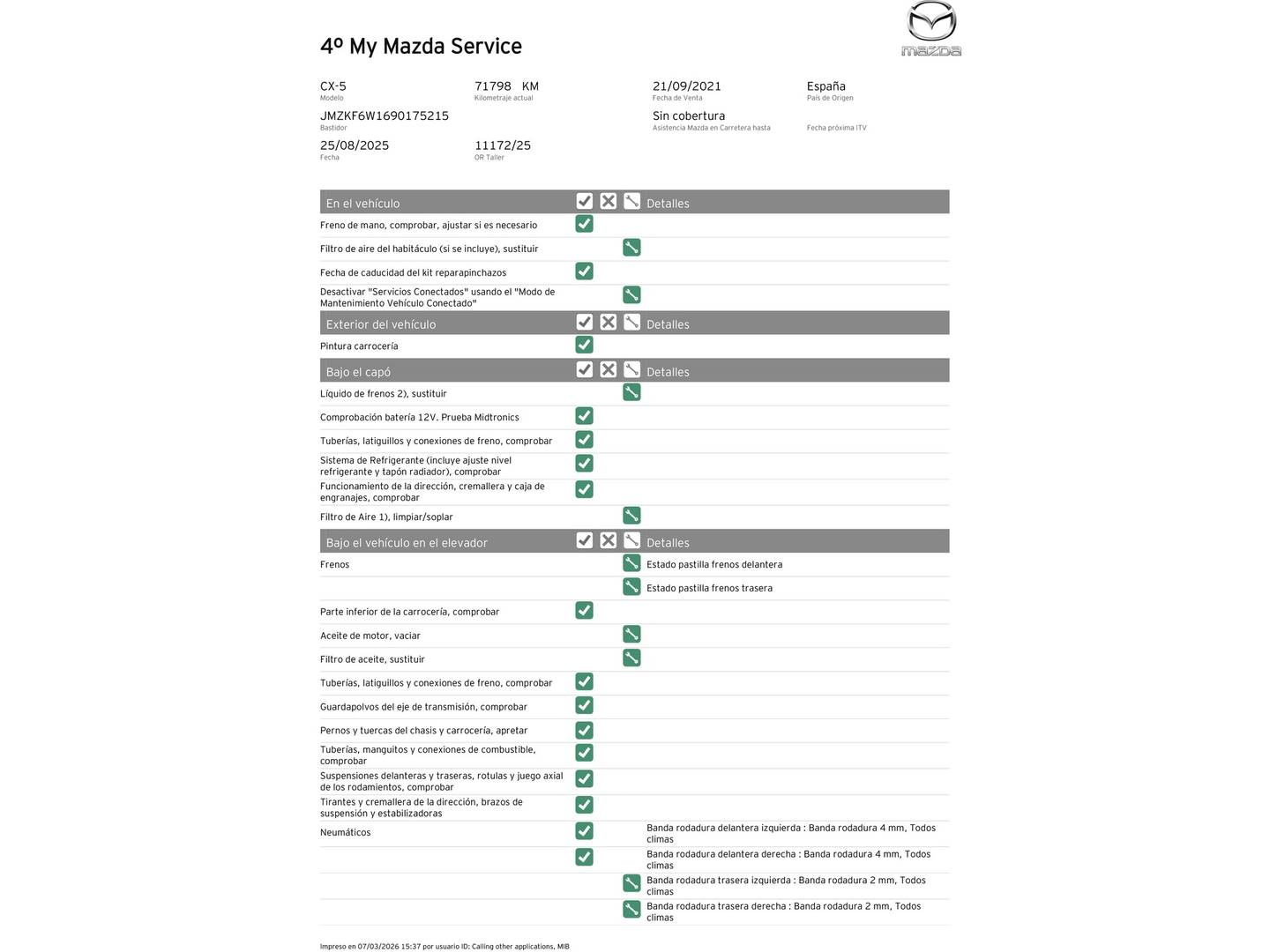 Foto del mantenimiento del Mazda CX-5 Mazda CX-5 2.2 DE Zenith (150 CV)
