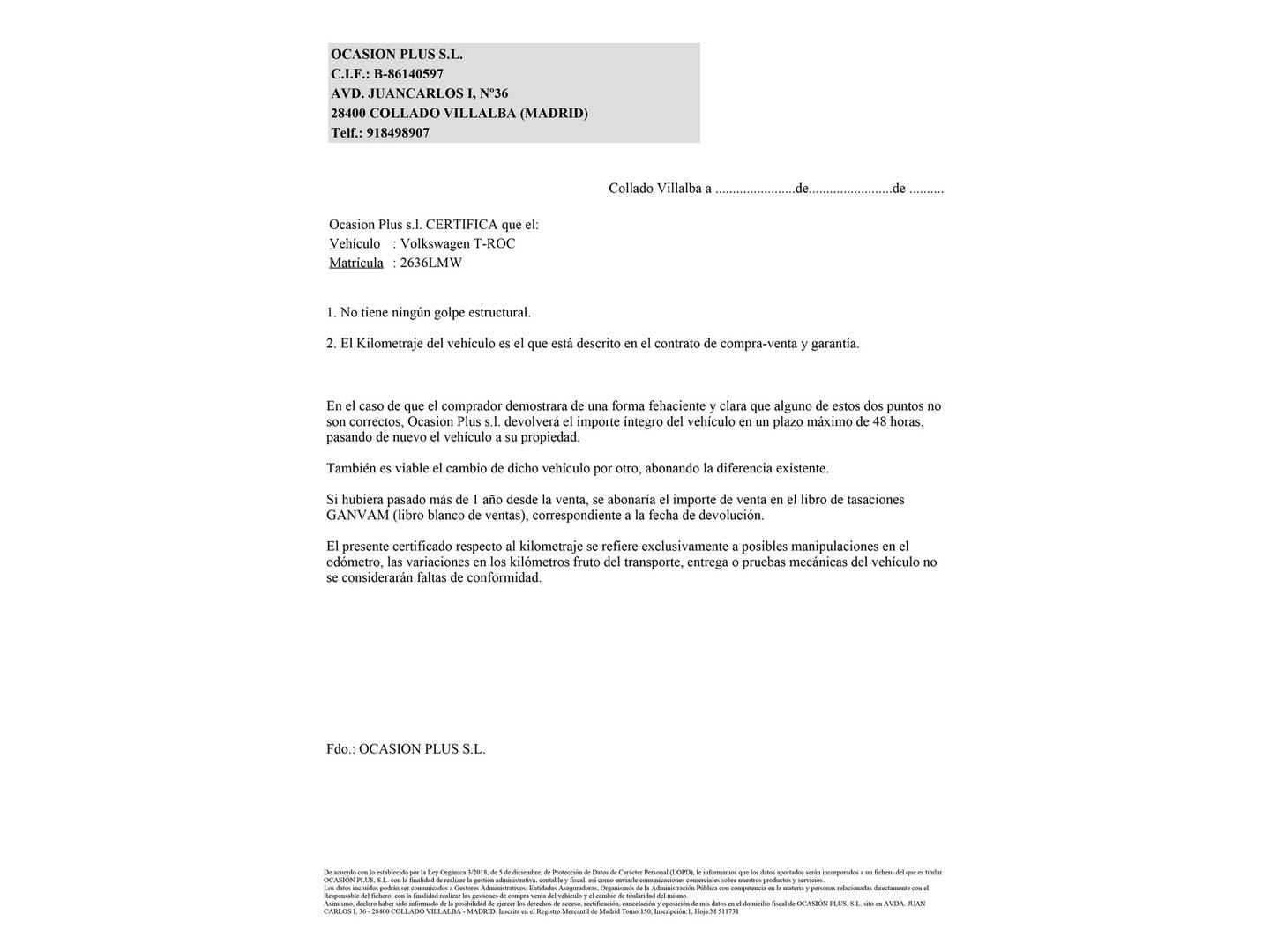 Foto del certificado del Volkswagen T-Roc Volkswagen T-Roc Advance 1.0 TSI (110 CV)