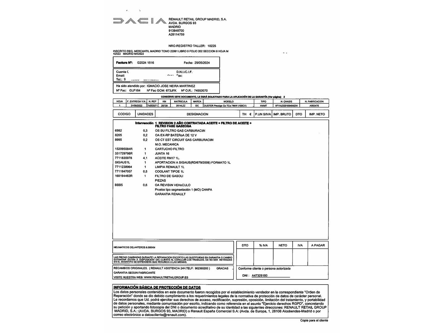 Foto del mantenimiento del Dacia Duster Dacia Duster TCE ECO-G Prestige 4X2 (100 CV)