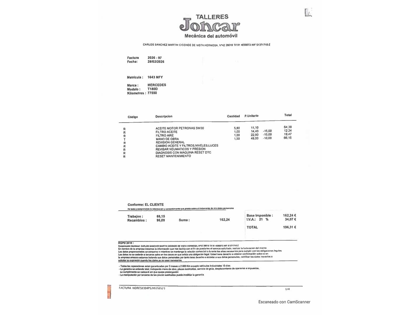 Foto del certificado del Mercedes Clase T Mercedes Clase T 180 d  (116 CV)