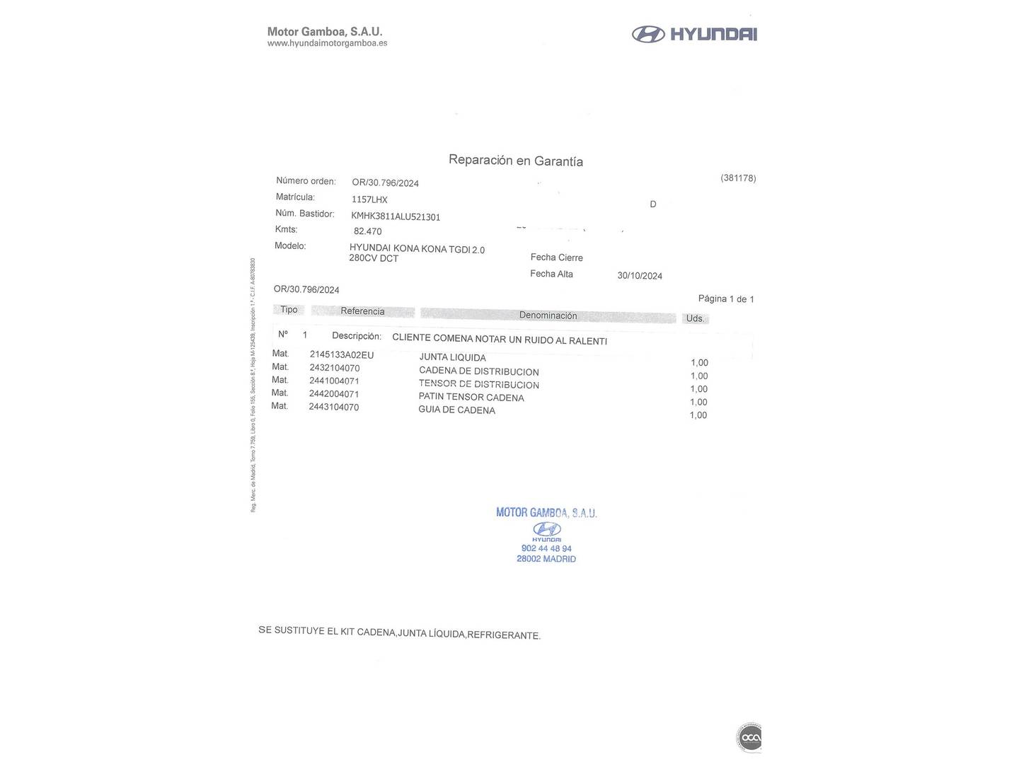 Foto del mantenimiento del Hyundai Kona Hyundai Kona 1.0 TGDI SLE 4x2 (120 CV)