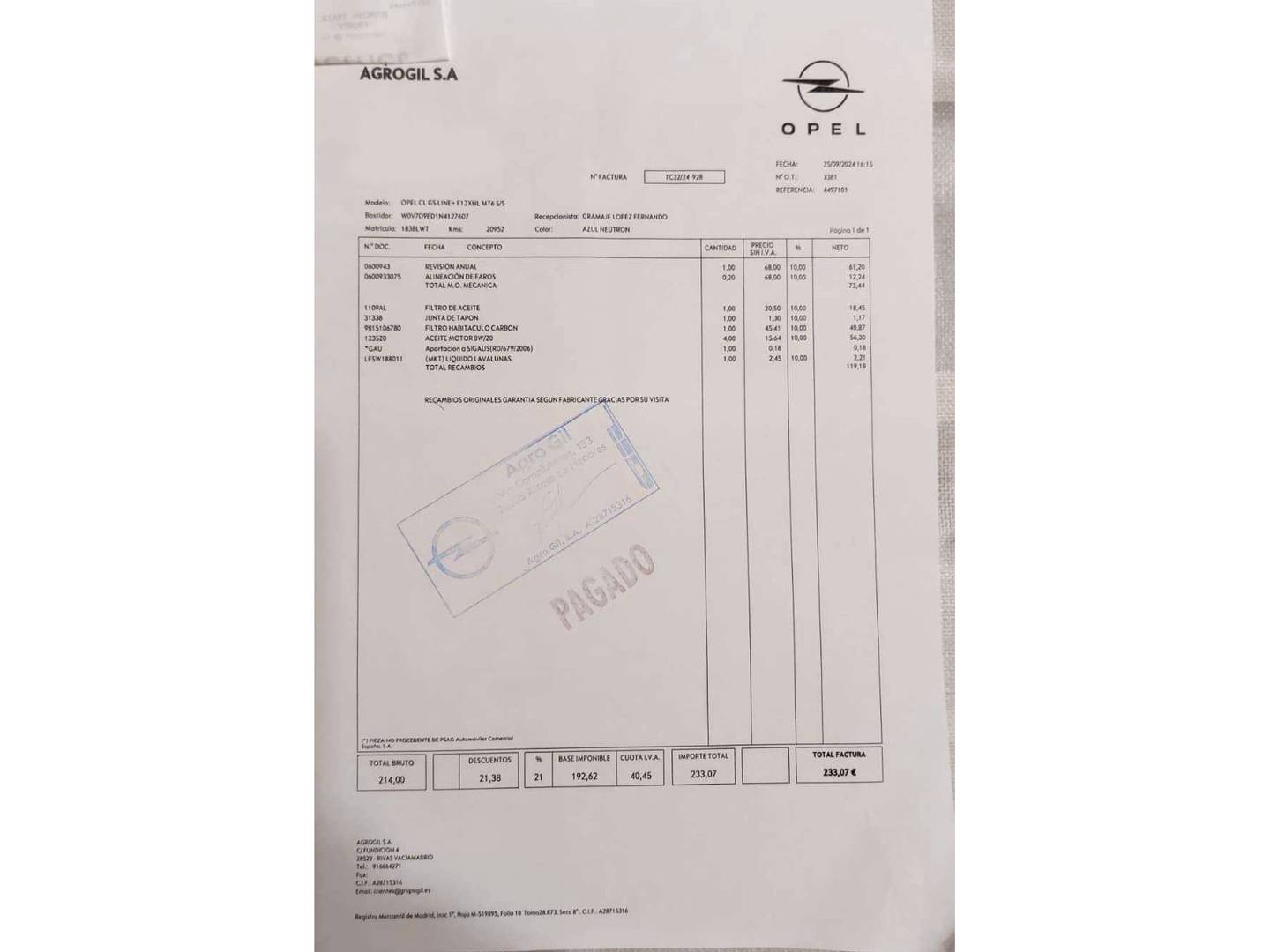 Foto del mantenimiento del Opel Crossland Opel Crossland 1.2 GS Line (110 CV)