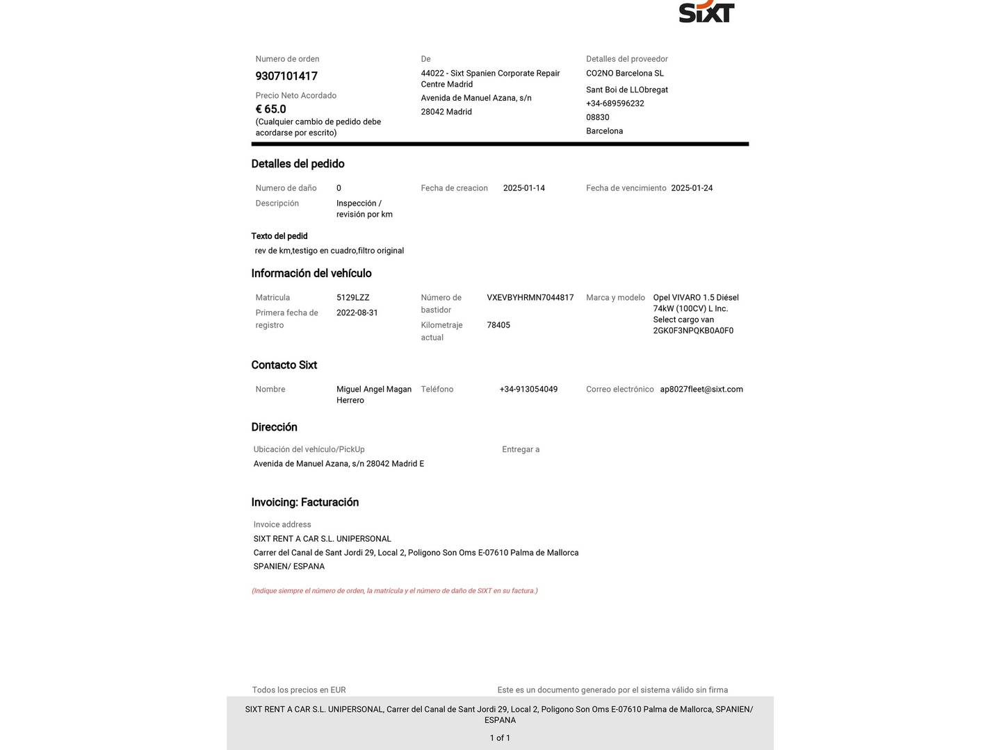 Foto del mantenimiento del Opel Vivaro Opel Vivaro 1.5 Diésel L Incrementada Select (102 CV)
