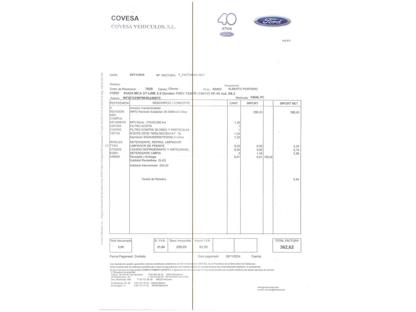 Foto del mantenimiento del Ford Kuga Ford Kuga 2.5 Duratec FHEV ST-Line X 4x2 Auto (190 CV)