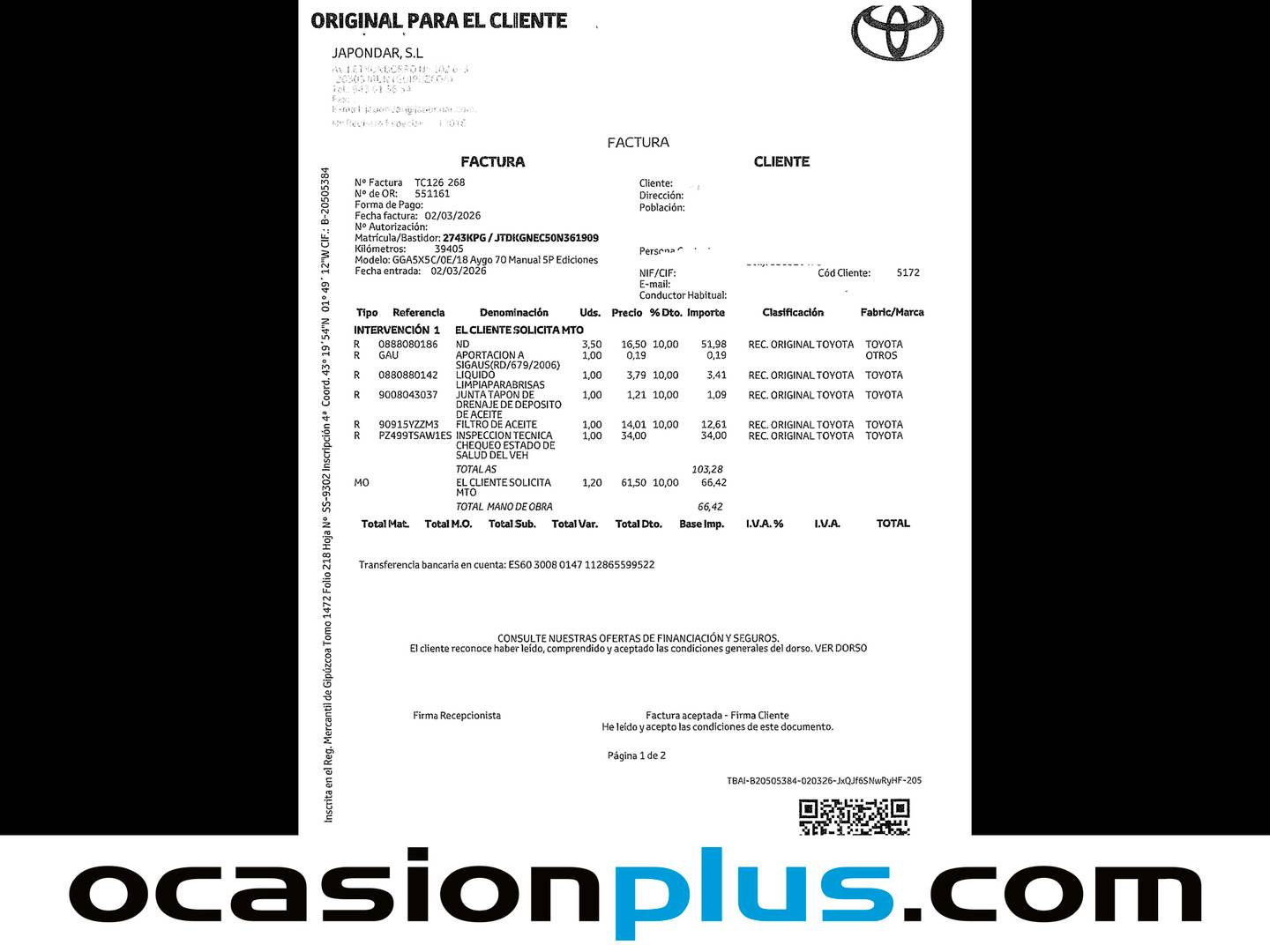 Foto del mantenimiento del Toyota Aygo Toyota Aygo 1.0 VVT-i x-play business (69 CV)