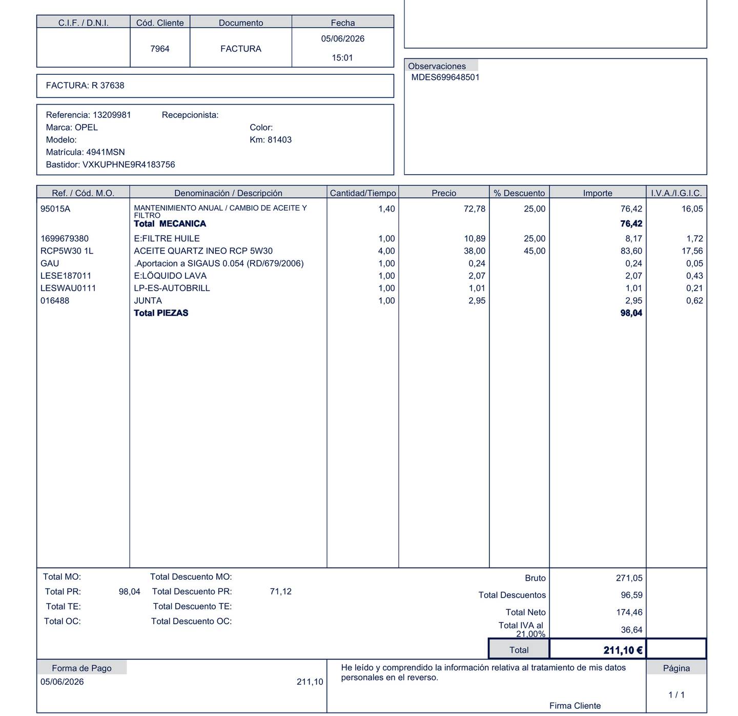 Foto del mantenimiento del Opel Corsa Opel Corsa 1.2 T XHL GS (100 CV)