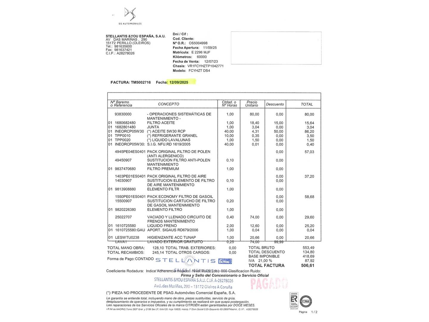 Foto del mantenimiento del DS DS 4 DS DS4 BlueHDi 130 Performance Line + Auto (130 CV)