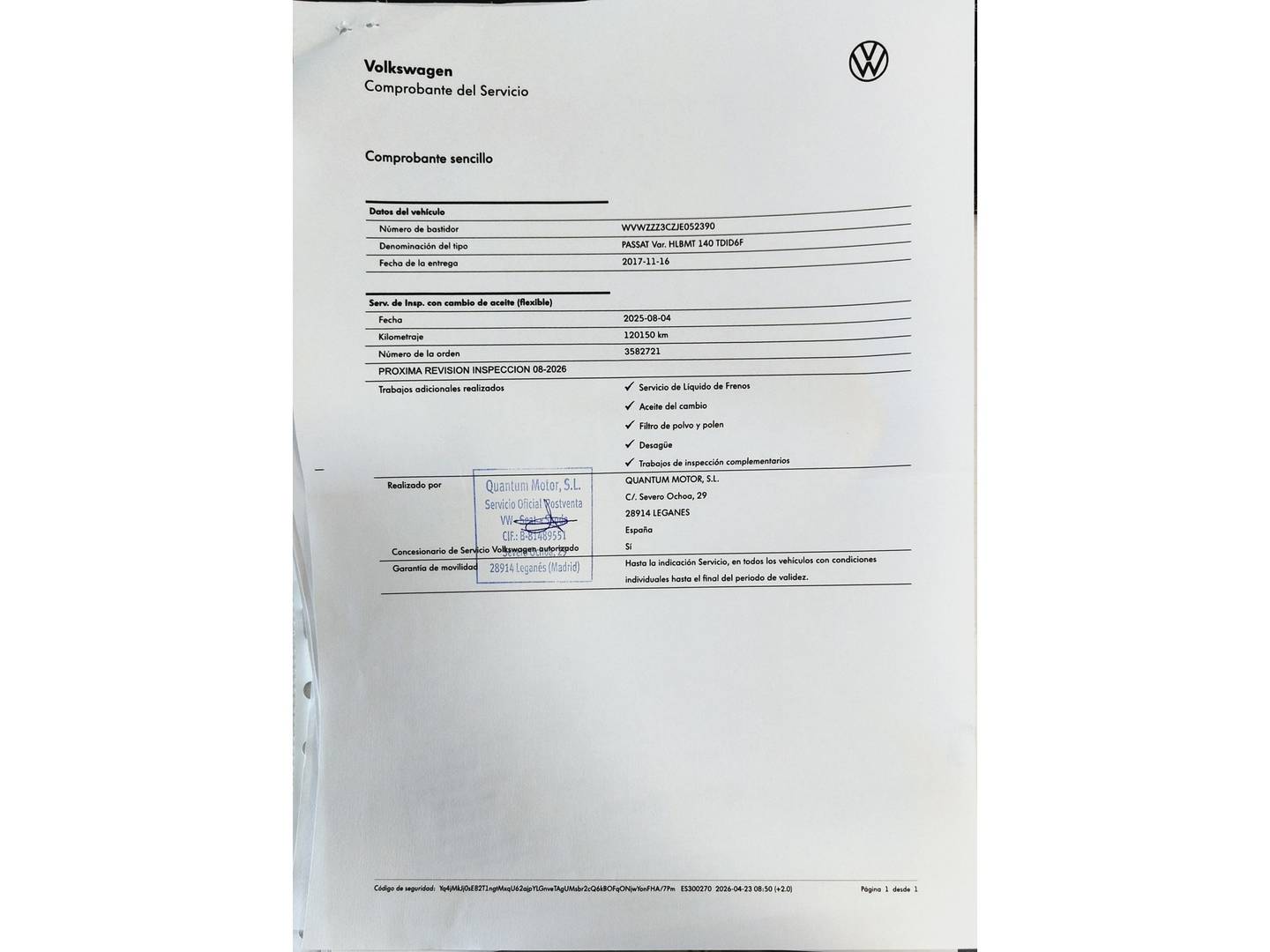 Foto del mantenimiento del Volkswagen Passat Volkswagen Passat Variant Sport 2.0 TDI (190 CV) DSG