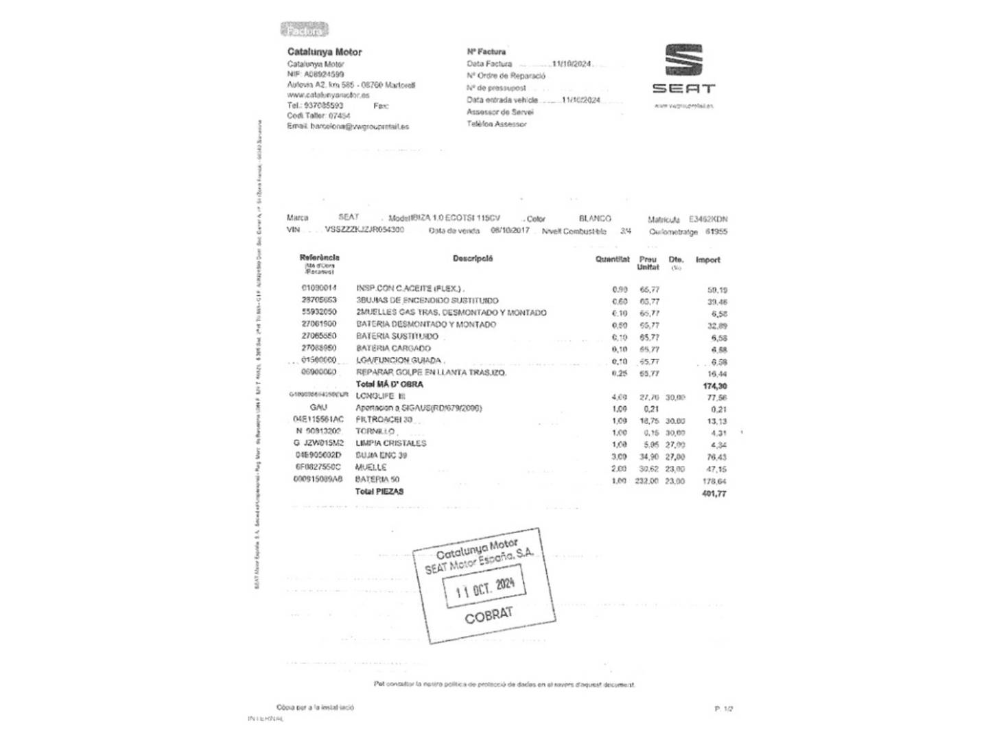 Foto del mantenimiento del Seat Ibiza Seat Ibiza 1.0 EcoTSI FR (115 CV)