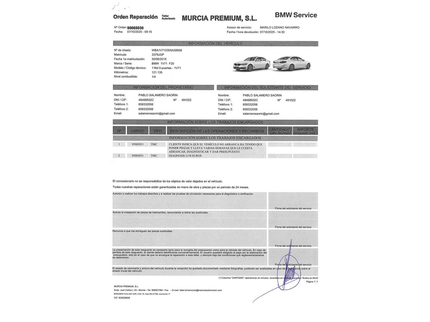 Foto del mantenimiento del BMW Serie 1 BMW Serie 1 116d (116 CV)