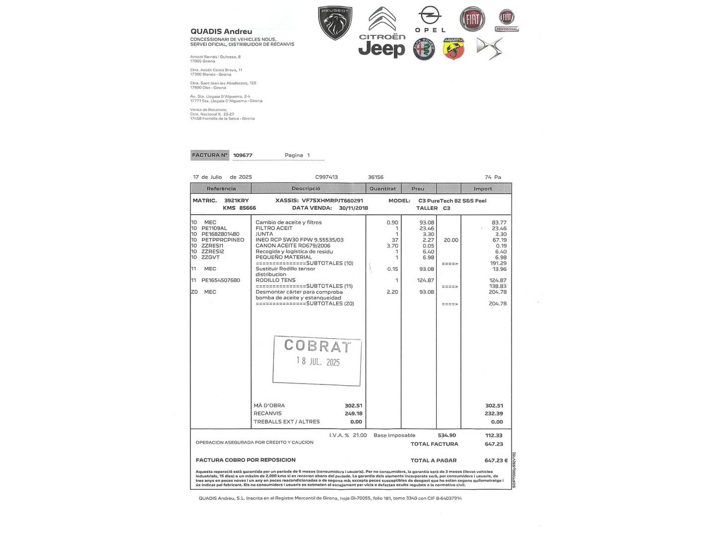Foto del mantenimiento del Citroën C3 Citroen C3 PureTech 82 Feel (83 CV)