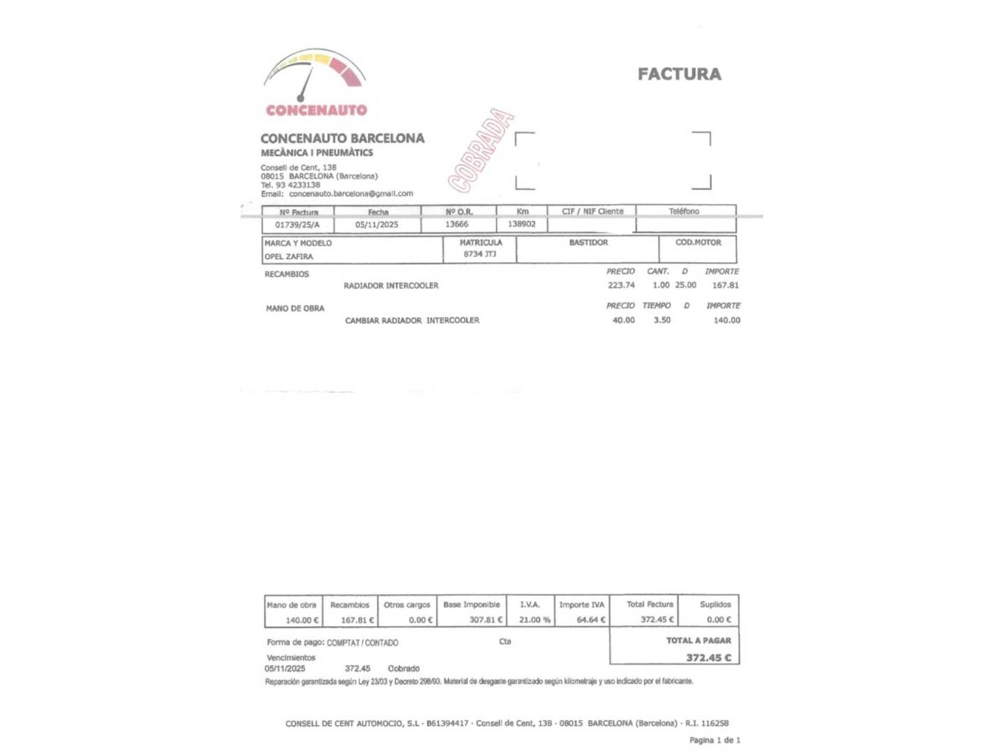 Foto del mantenimiento del Opel Zafira Tourer Opel Zafira Tourer 1.6 CDTi S&S Expression 7 Plazas (120 CV)